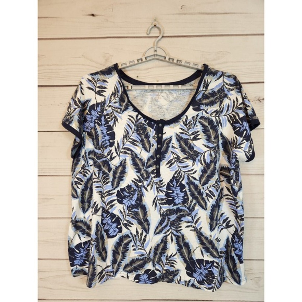 Woman Within Women's Blue Tropical Leaf Scoop Neck Short Sleeve Blouse Size 3X
